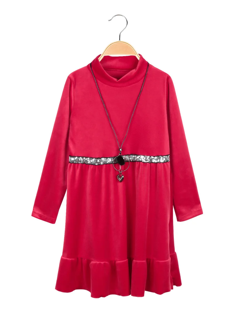 Vestito in ciniglia con paillettes e collana - rosso