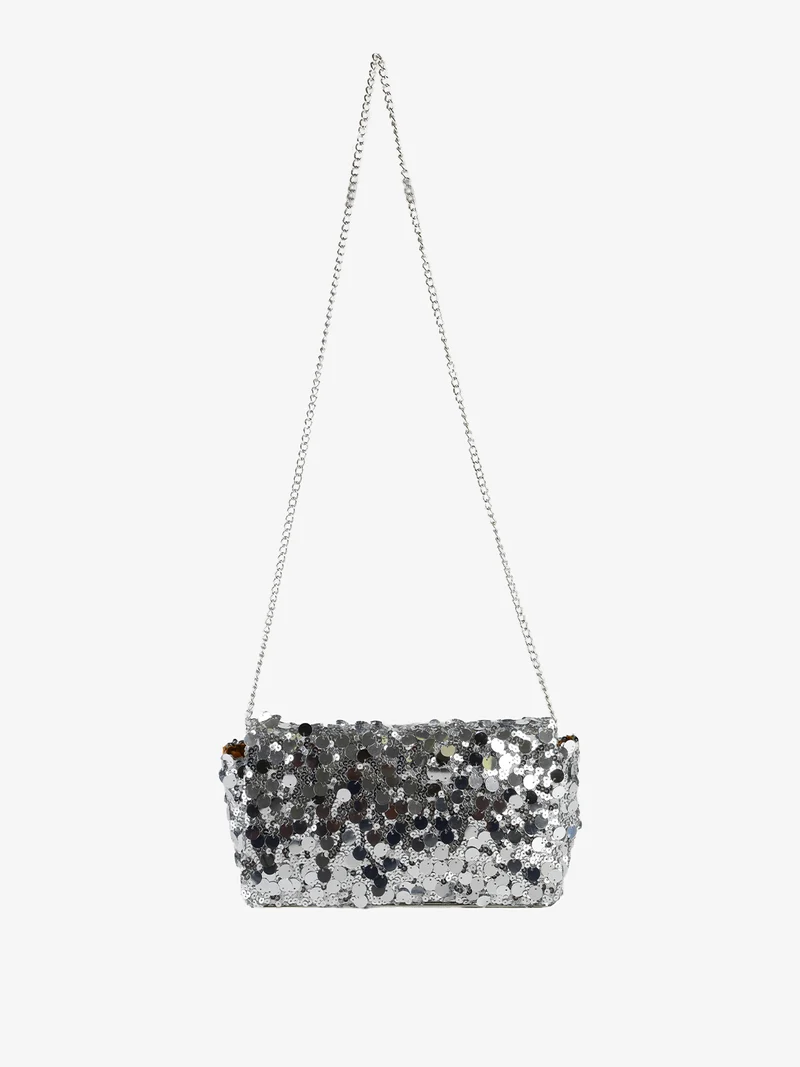 Pochette donna con paillettes e manico a catena - argento