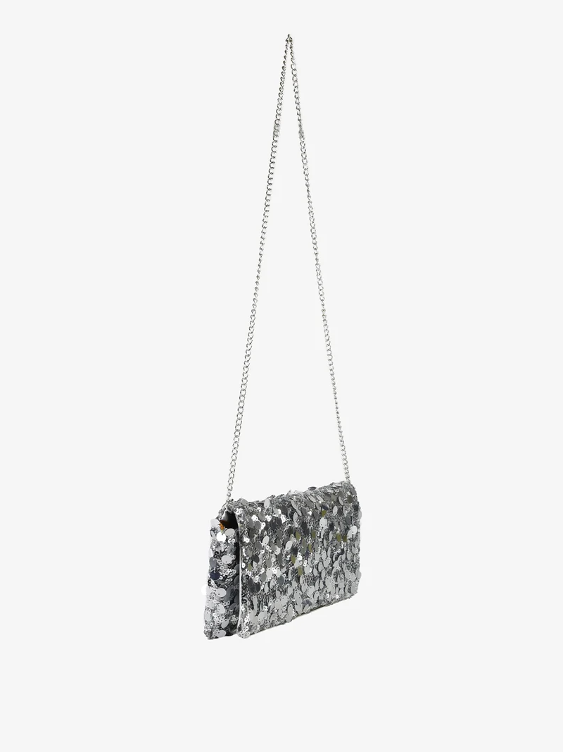 Pochette donna con paillettes e manico a catena - argento