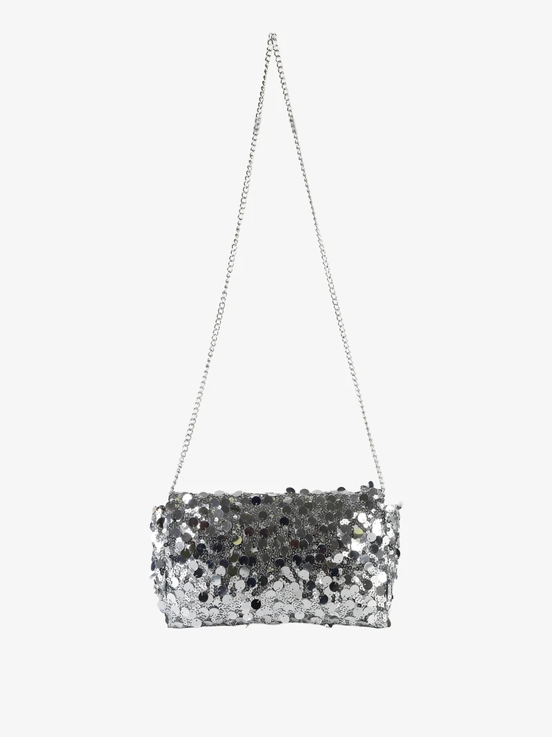 Pochette donna con paillettes e manico a catena - argento