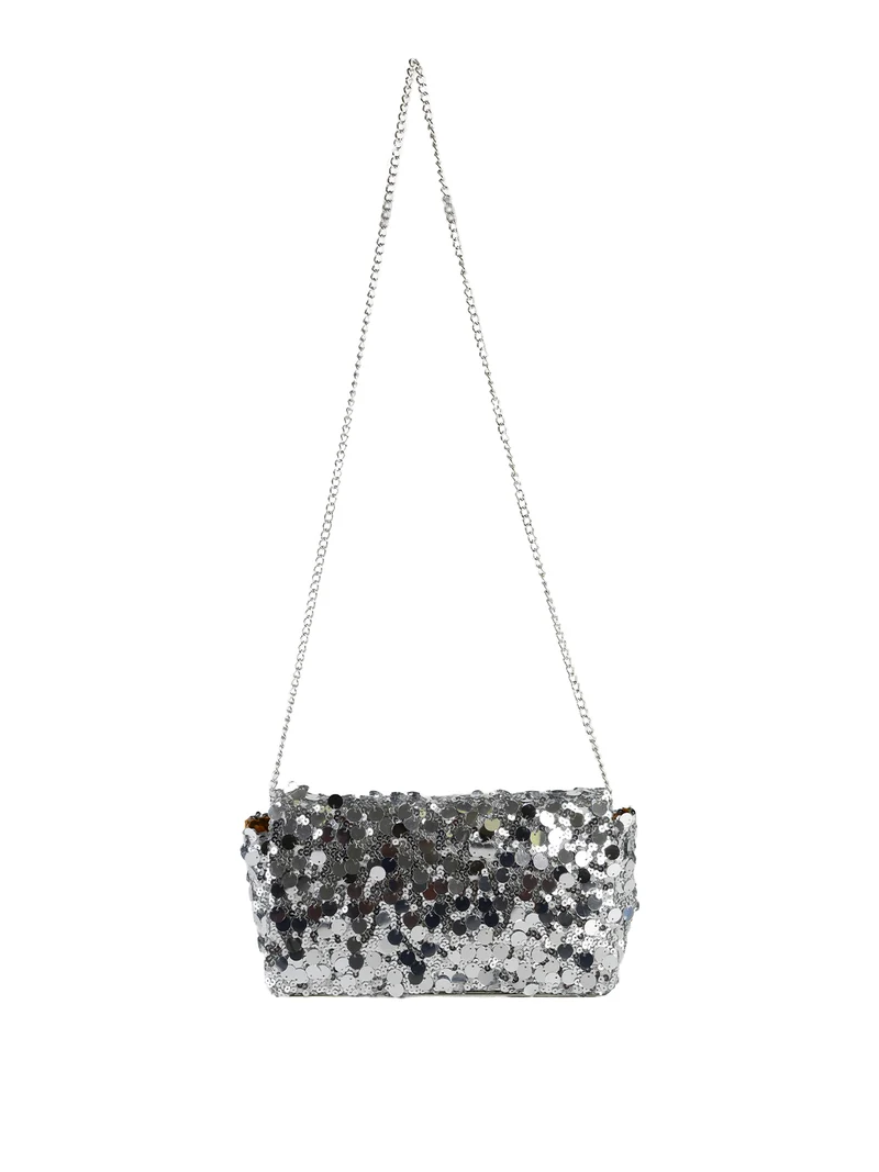 Pochette donna con paillettes e manico a catena - argento