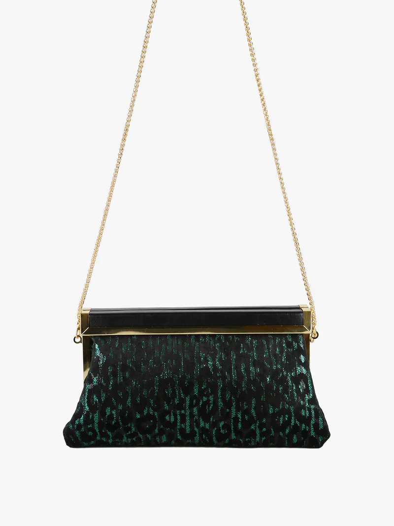 Pochette donna in tessuto scamosciato animalier con tracolla a catena - verde