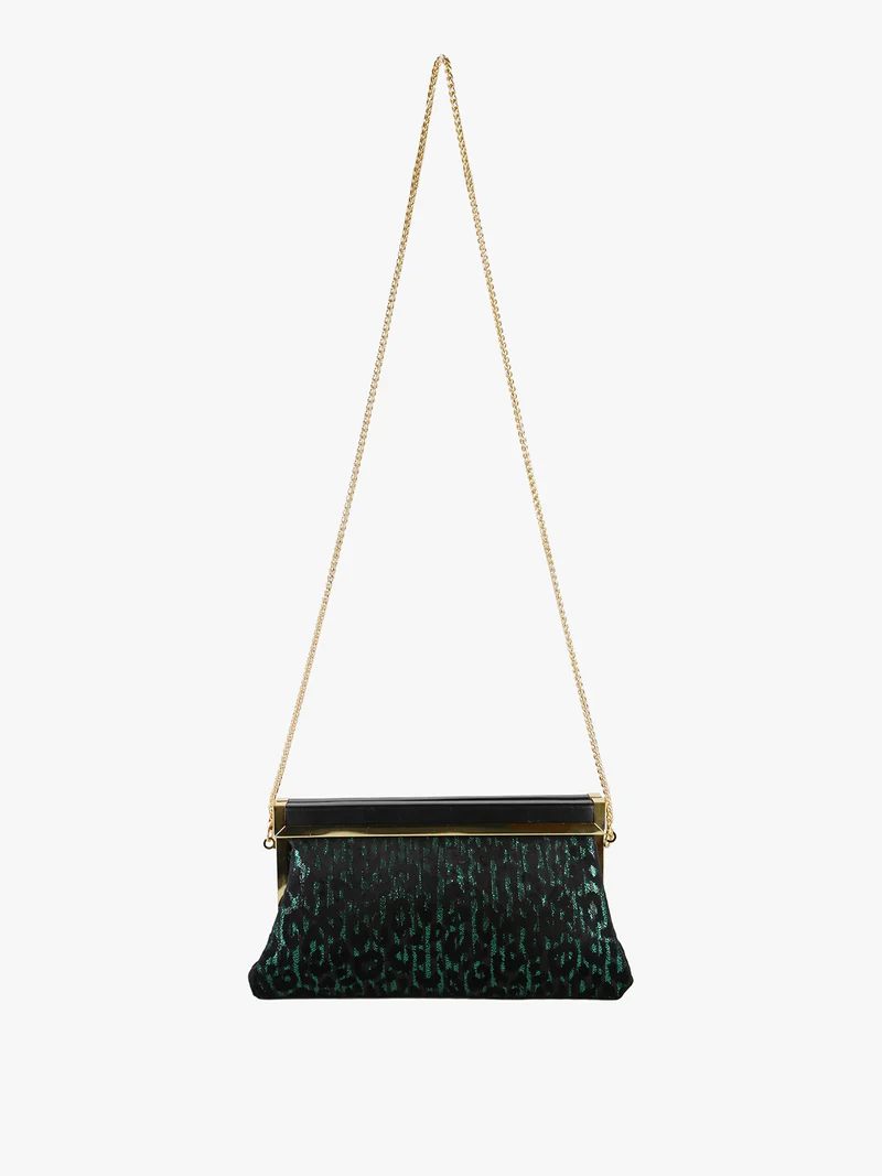 Pochette donna in tessuto scamosciato animalier con tracolla a catena - verde