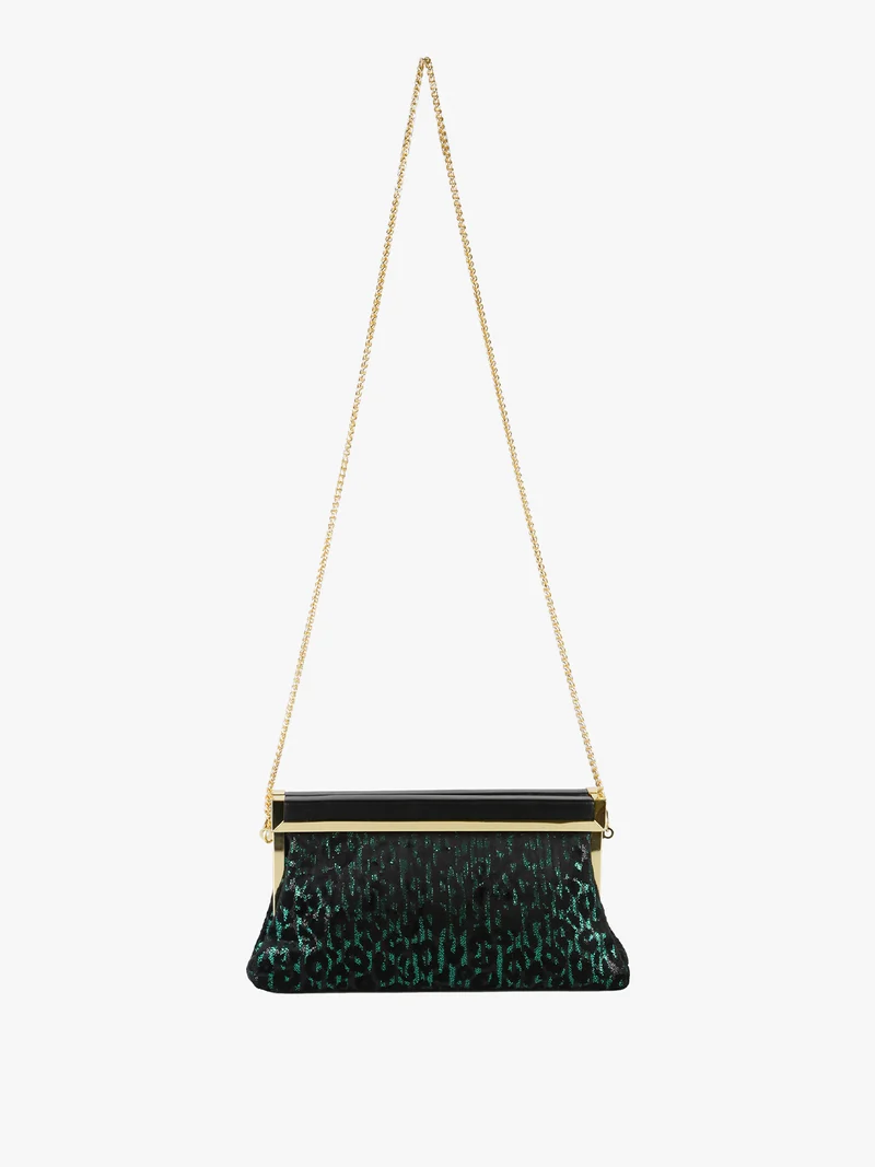 Pochette donna in tessuto scamosciato animalier con tracolla a catena - verde