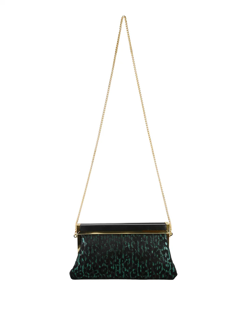 Pochette donna in tessuto scamosciato animalier con tracolla a catena - verde