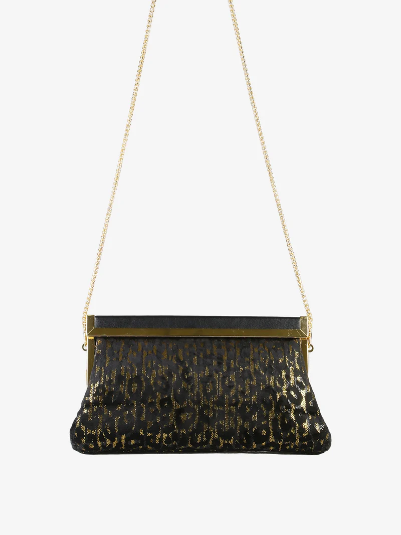 Pochette donna in tessuto scamosciato animalier con tracolla a catena - oro