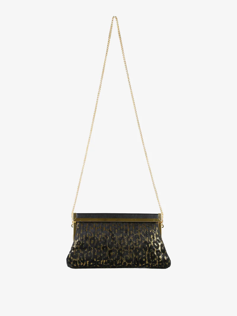 Pochette donna in tessuto scamosciato animalier con tracolla a catena - oro