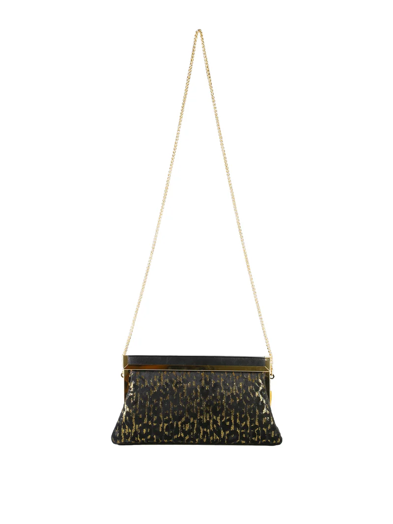 Pochette donna in tessuto scamosciato animalier con tracolla a catena - oro