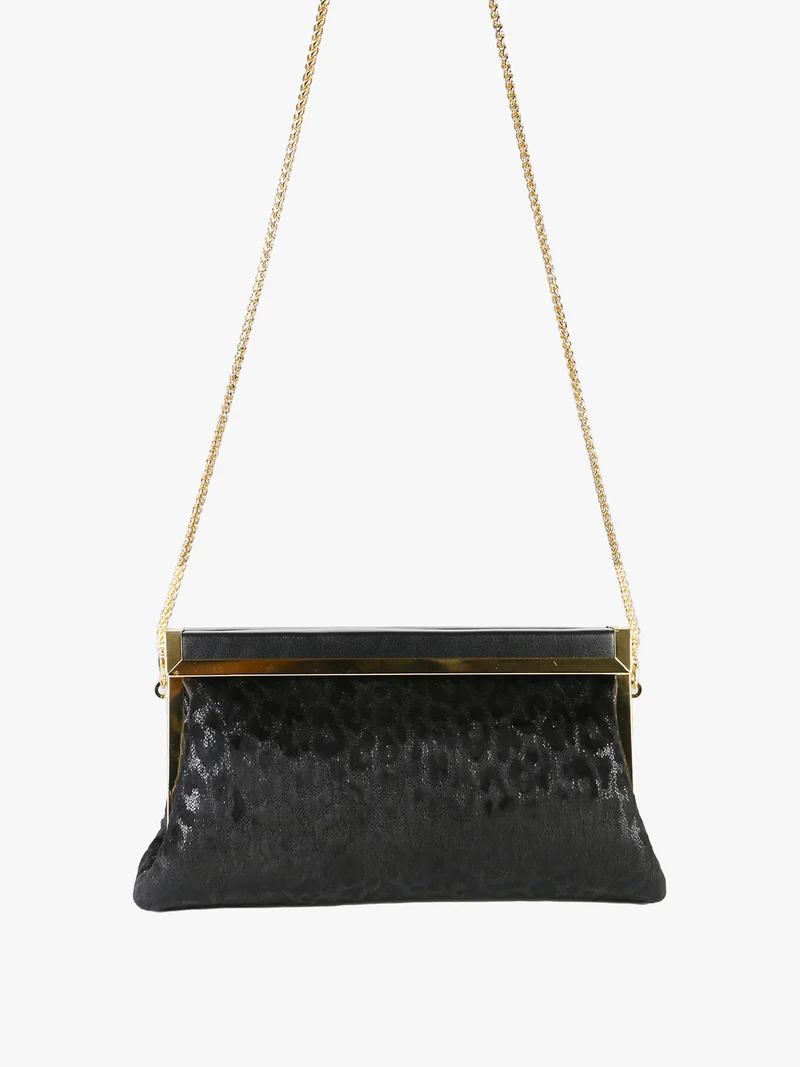 Pochette donna in tessuto scamosciato animalier con tracolla a catena - nero