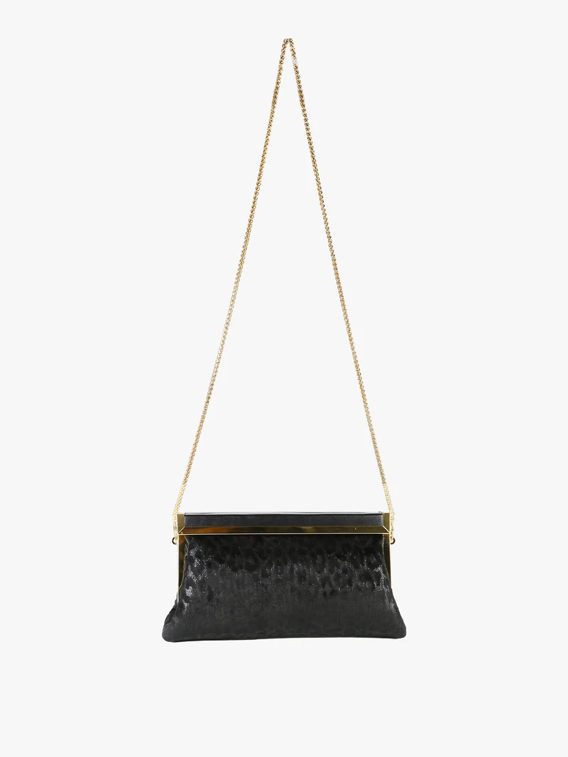 Pochette donna in tessuto scamosciato animalier con tracolla a catena - nero
