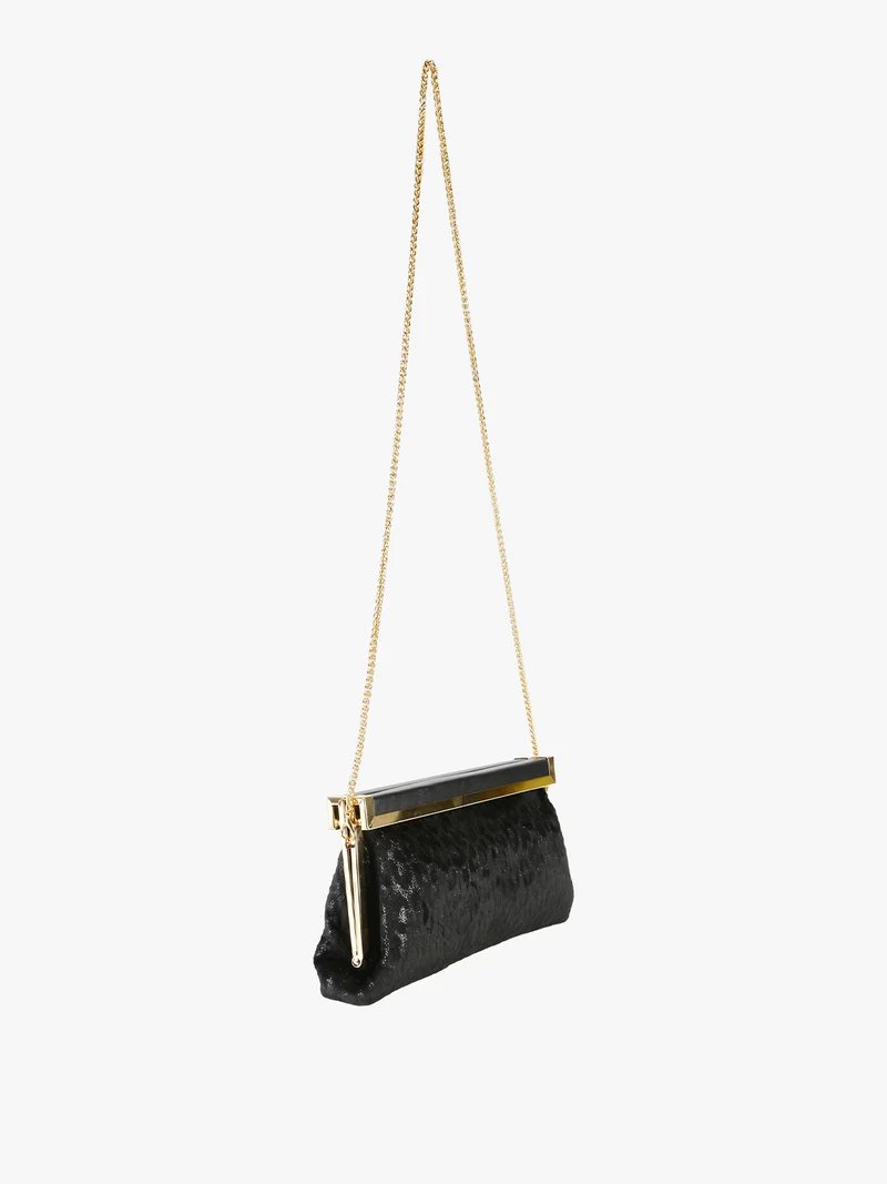 Pochette donna in tessuto scamosciato animalier con tracolla a catena - nero
