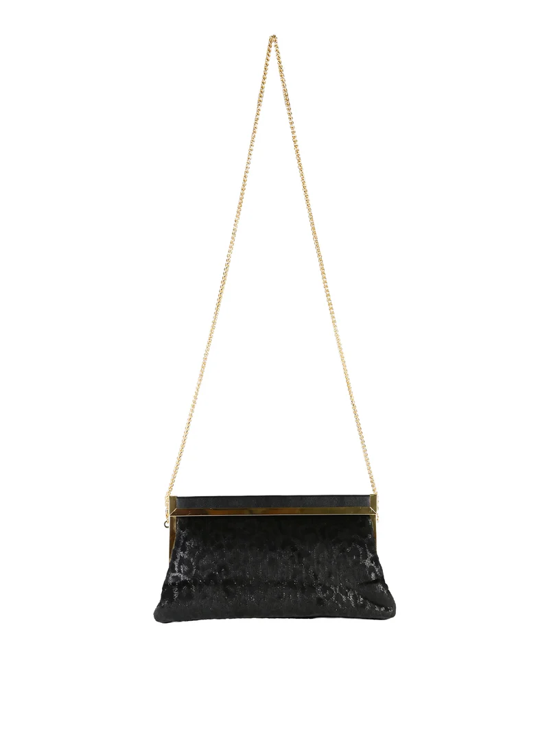 Pochette donna in tessuto scamosciato animalier con tracolla a catena - nero