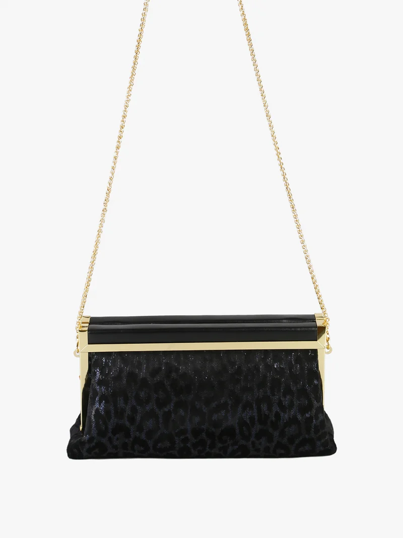 Pochette donna in tessuto scamosciato animalier con tracolla a catena - blu scuro