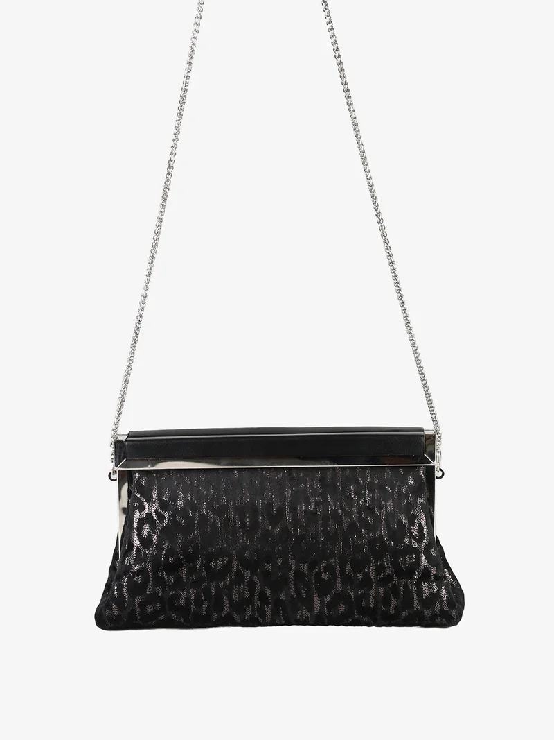 Pochette donna in tessuto scamosciato animalier con tracolla a catena - argento
