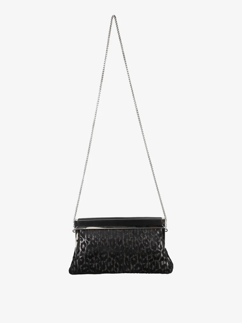 Pochette donna in tessuto scamosciato animalier con tracolla a catena - argento