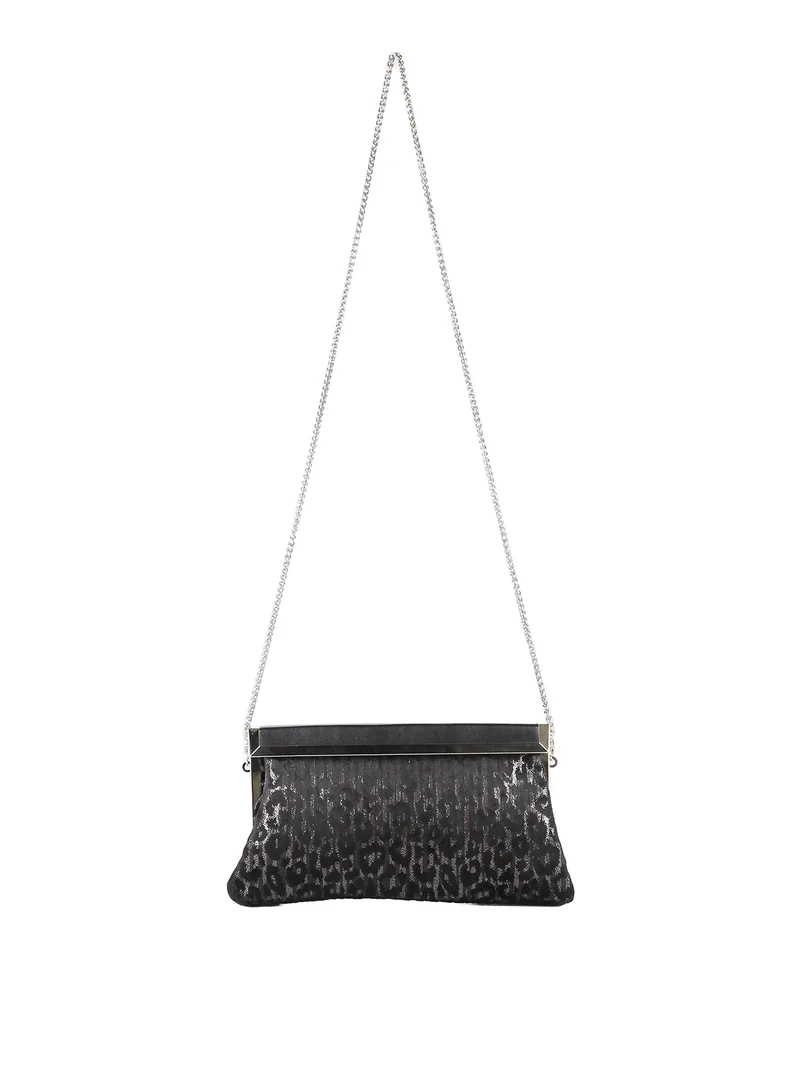 Pochette donna in tessuto scamosciato animalier con tracolla a catena - argento