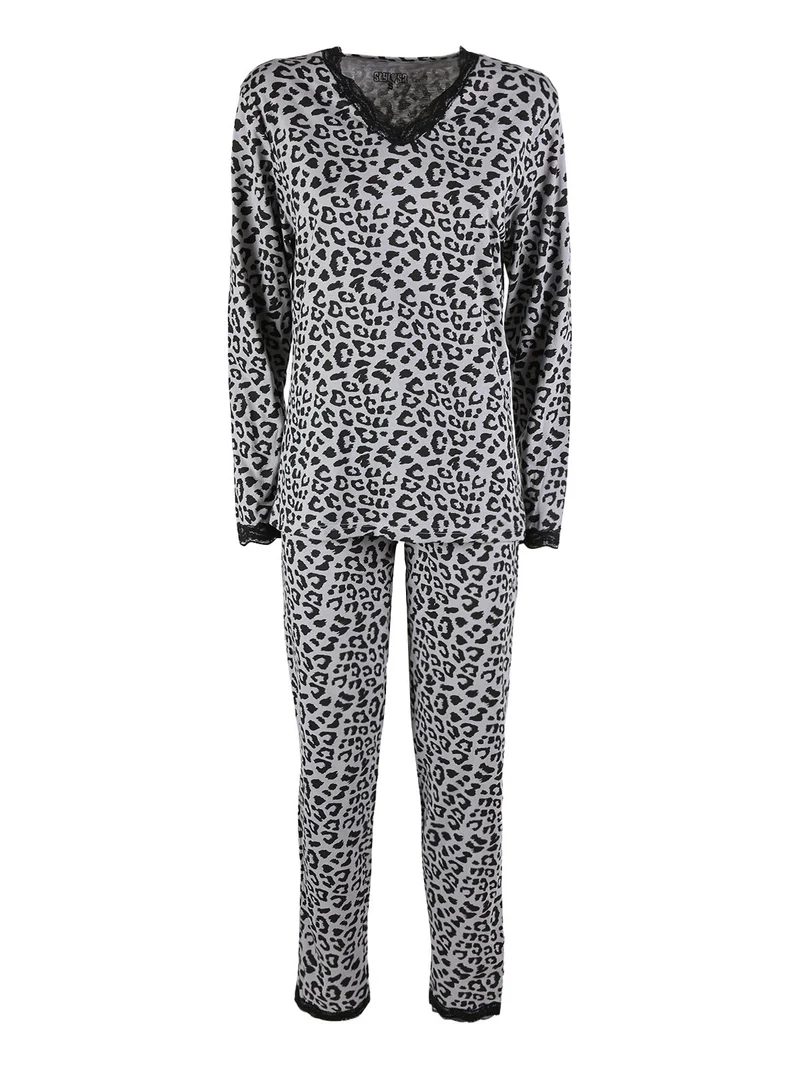 Pigiama lungo da donna maculato con pizzo - grigio