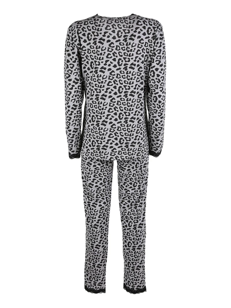 Pigiama lungo da donna maculato con pizzo - grigio