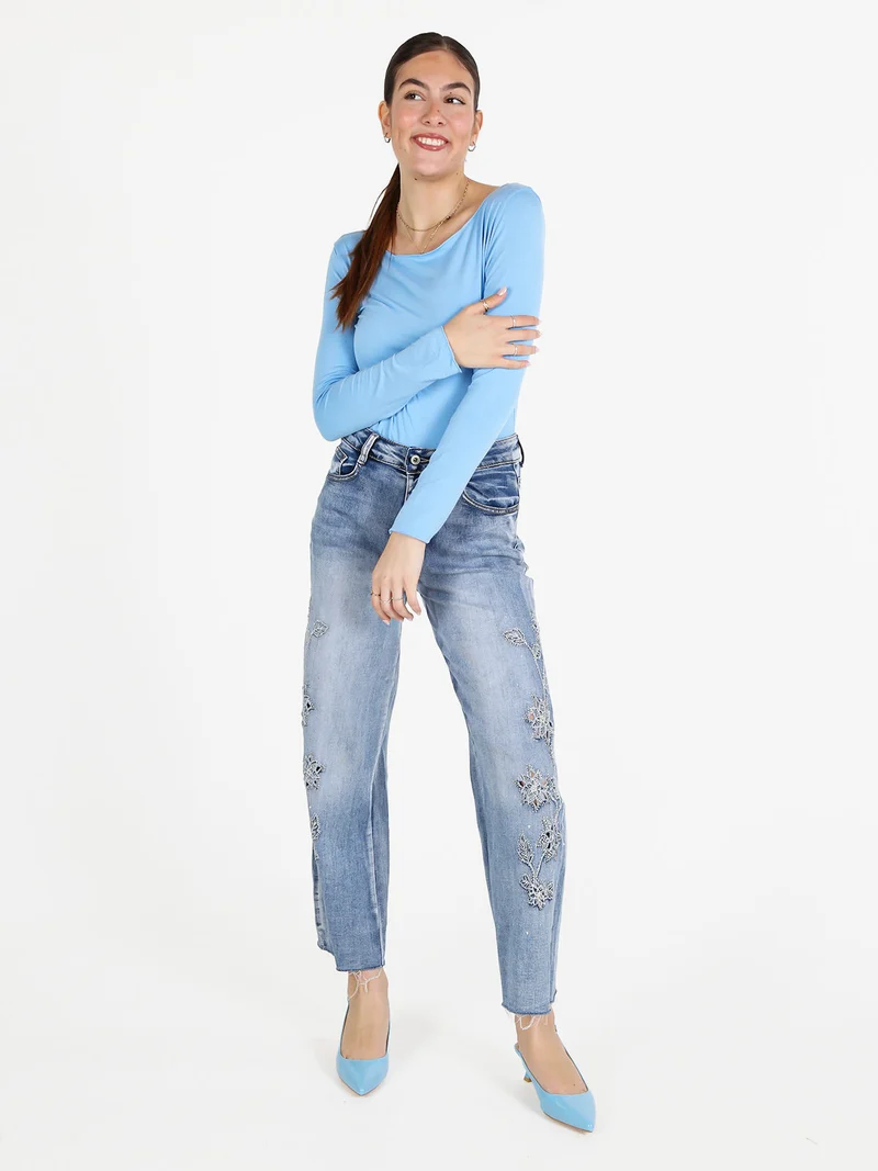 T-shirt donna a maniche lunghe in viscosa - azzurro