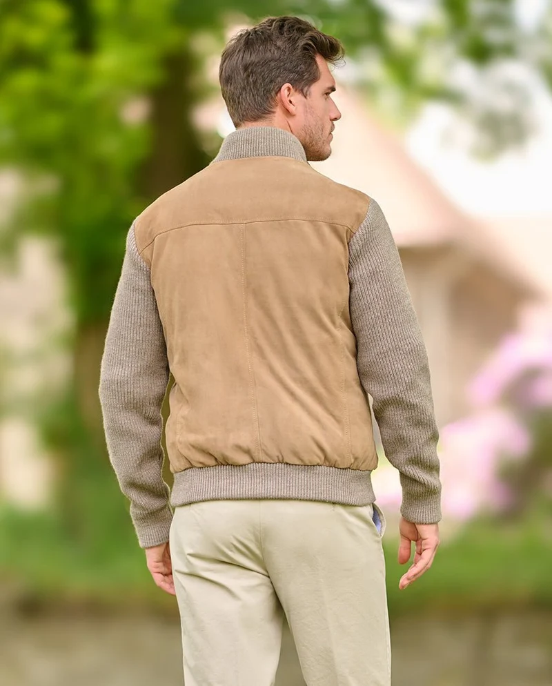 Herren Lederjacke "Nicolas" aus Ziegenvelours & Strick in Sand