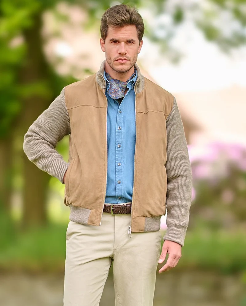 Herren Lederjacke "Nicolas" aus Ziegenvelours & Strick in Sand