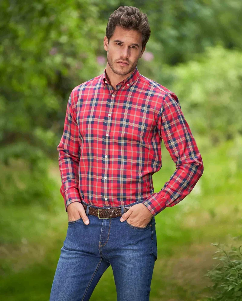 Herrenhemd "Steward" mit Button-Down-Kragen – Red Tartan