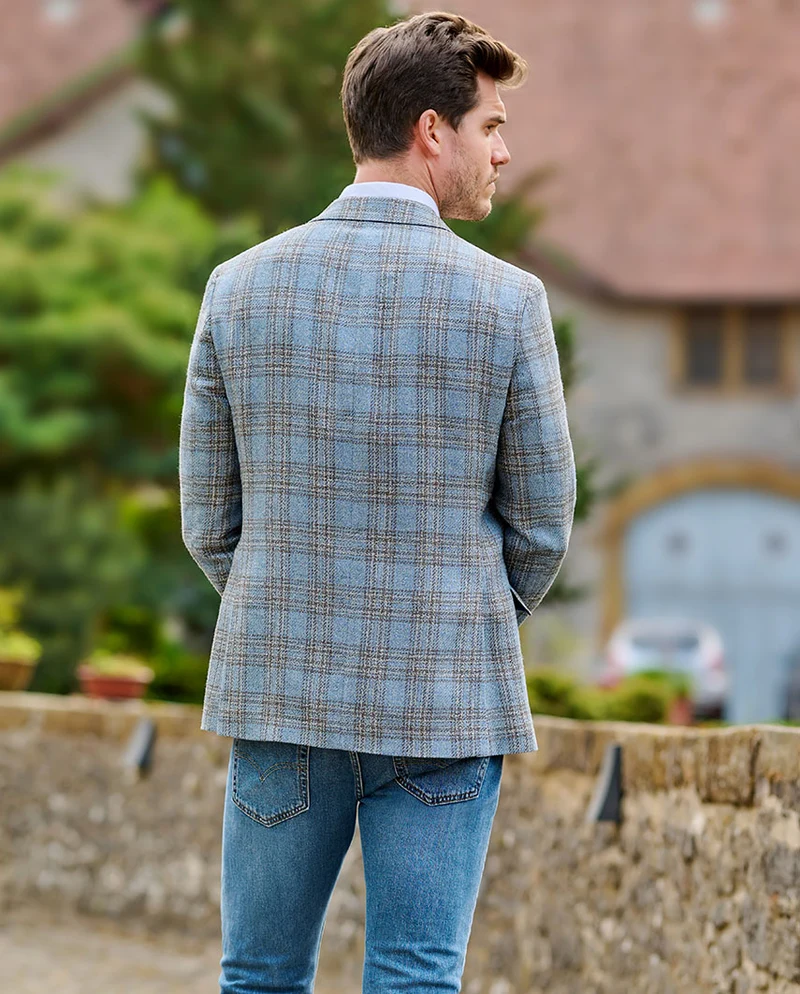 Leichtes Sommersakko "London SO" aus Schurwoll-Mix in light blue check
