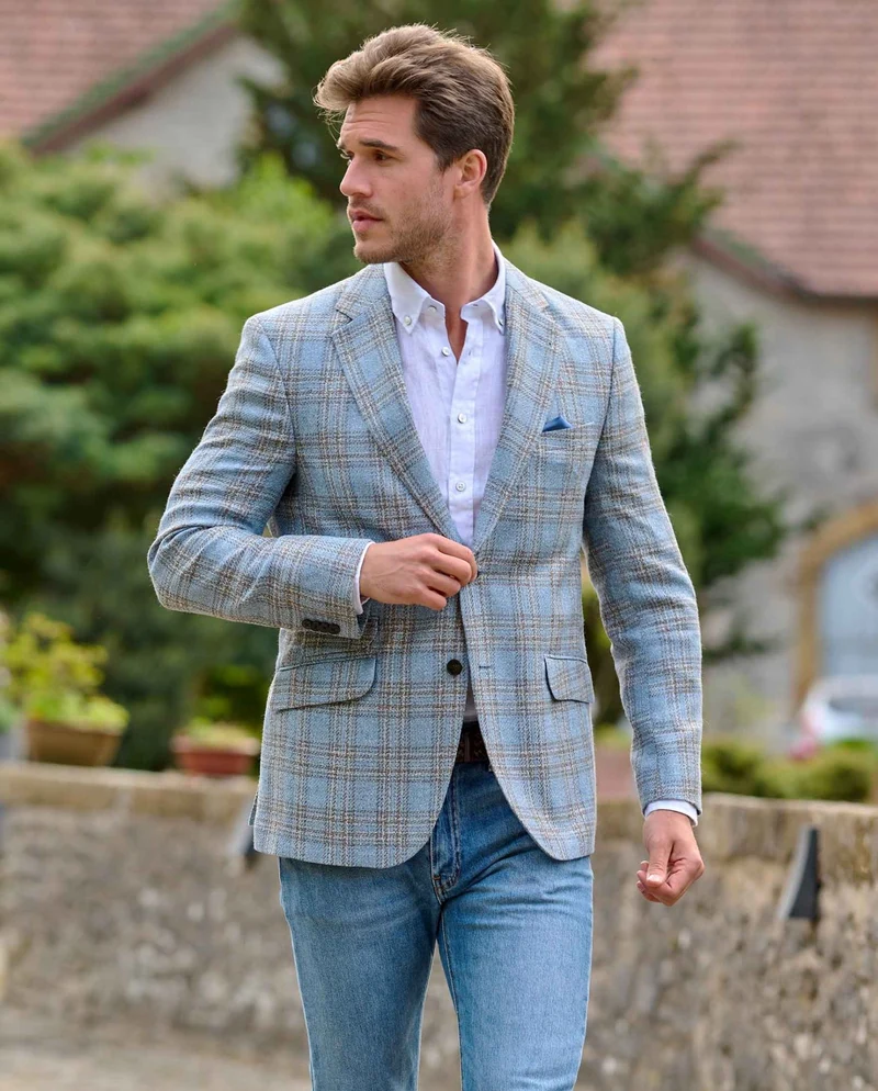 Leichtes Sommersakko "London SO" aus Schurwoll-Mix in light blue check