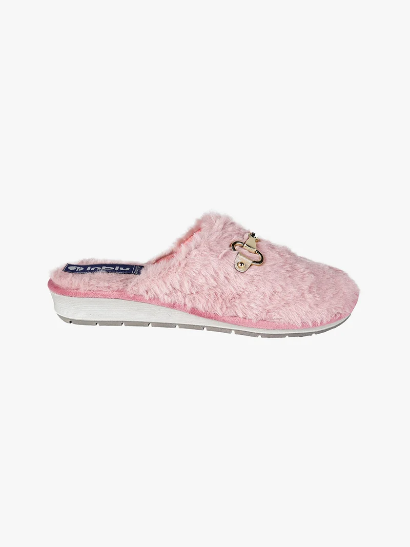 Pantofole donna in ecopelo con zeppa - rosa