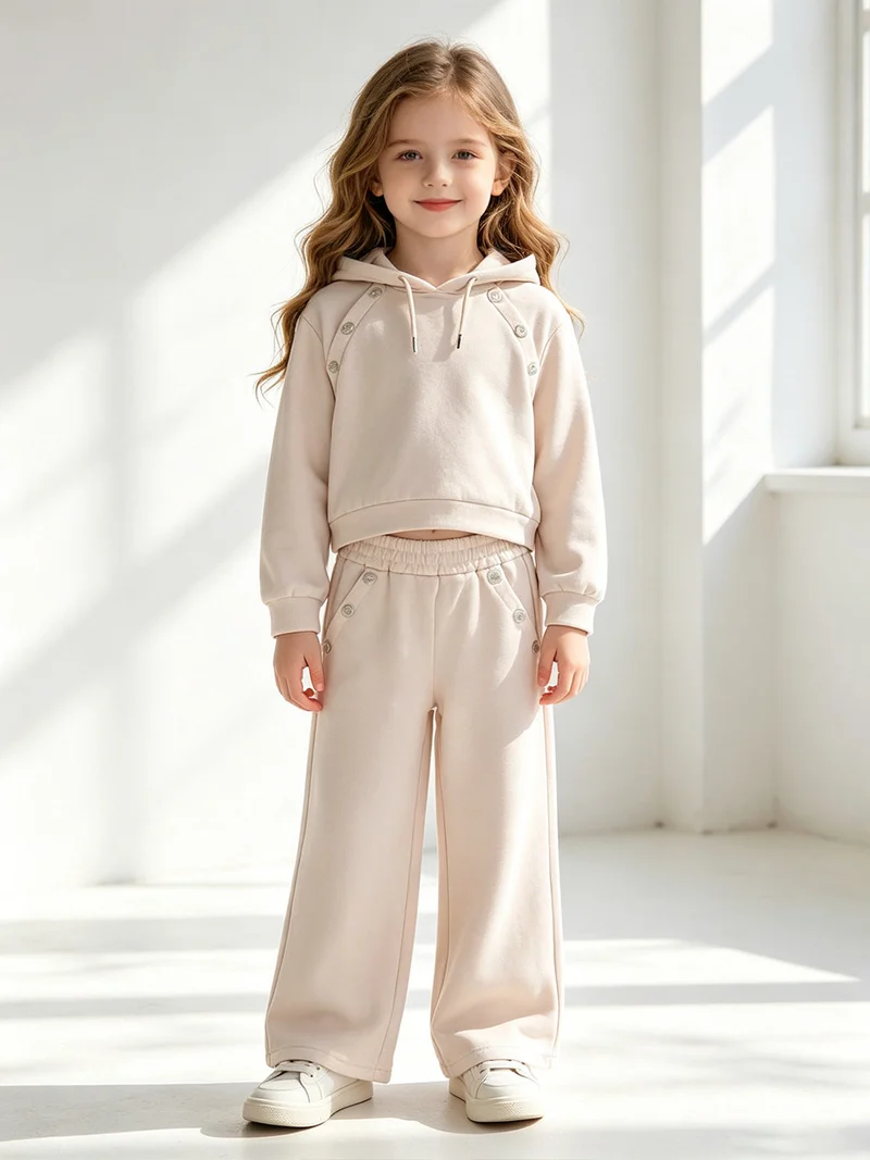 Completo 2 pezzi da ragazza con cappuccio e pantaloni a gamba larga - beige