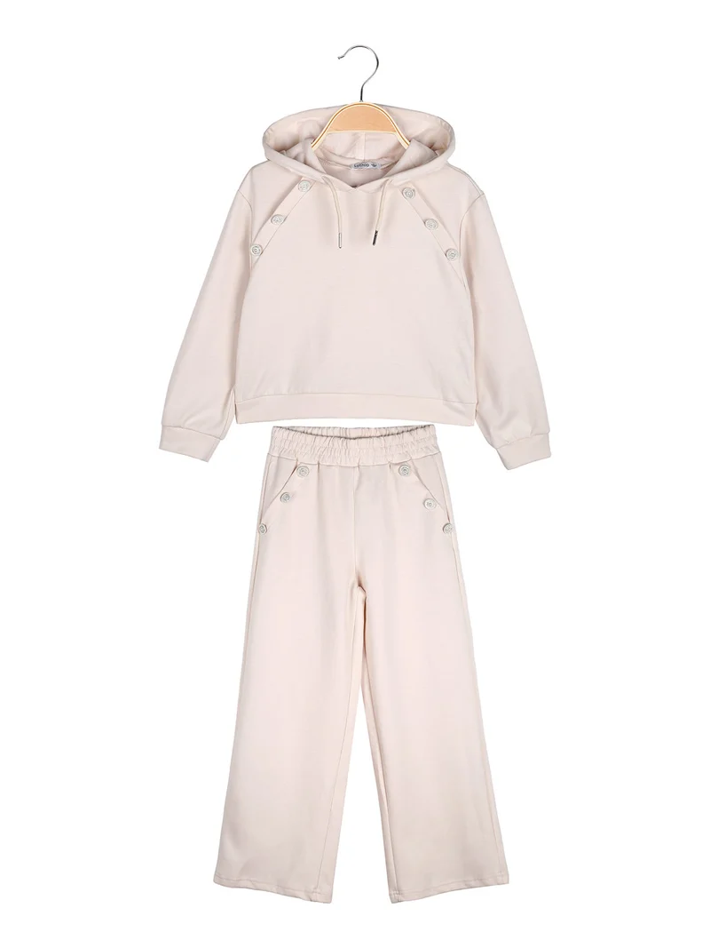 Completo 2 pezzi da ragazza con cappuccio e pantaloni a gamba larga - beige