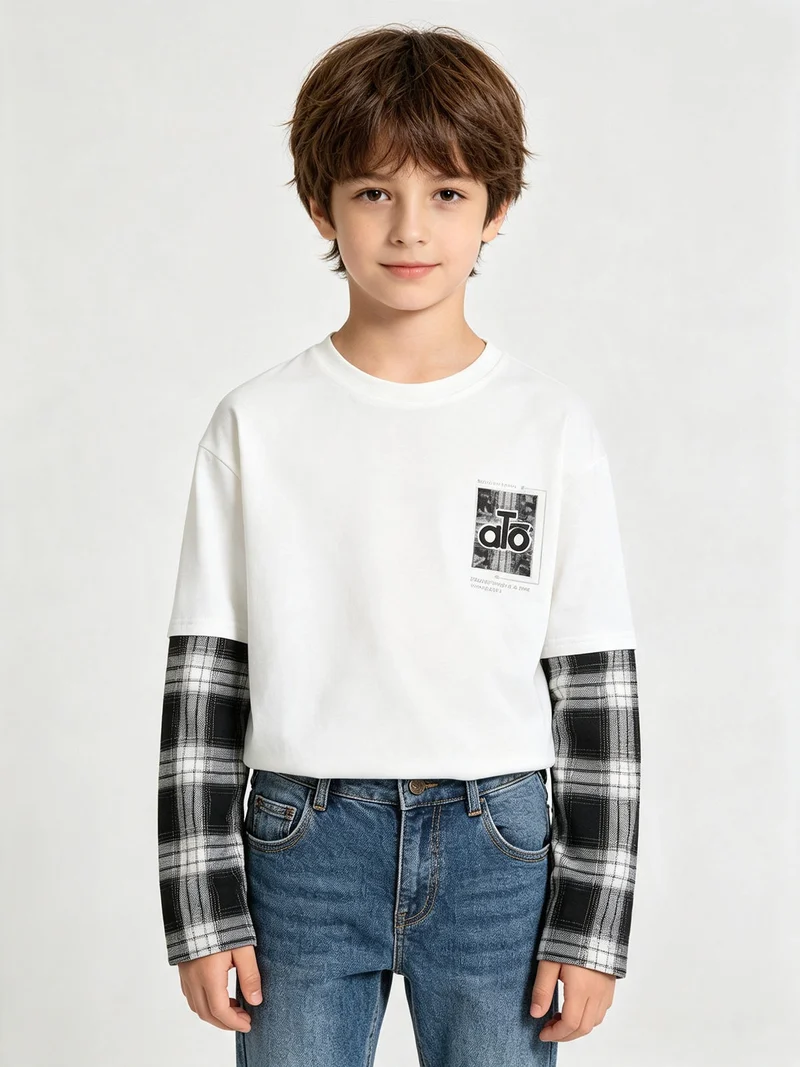 T-shirt da bambino a maniche lunghe in cotone - bianco