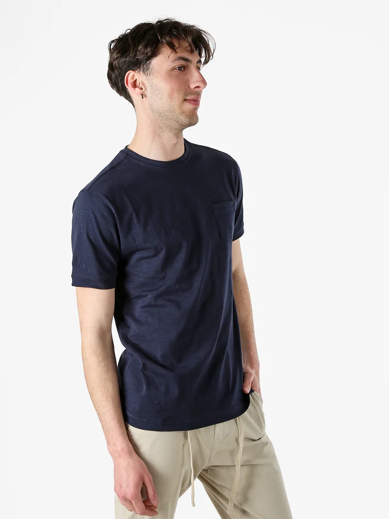 T-shirt girocollo in cotone da uomo con taschino - blu scuro