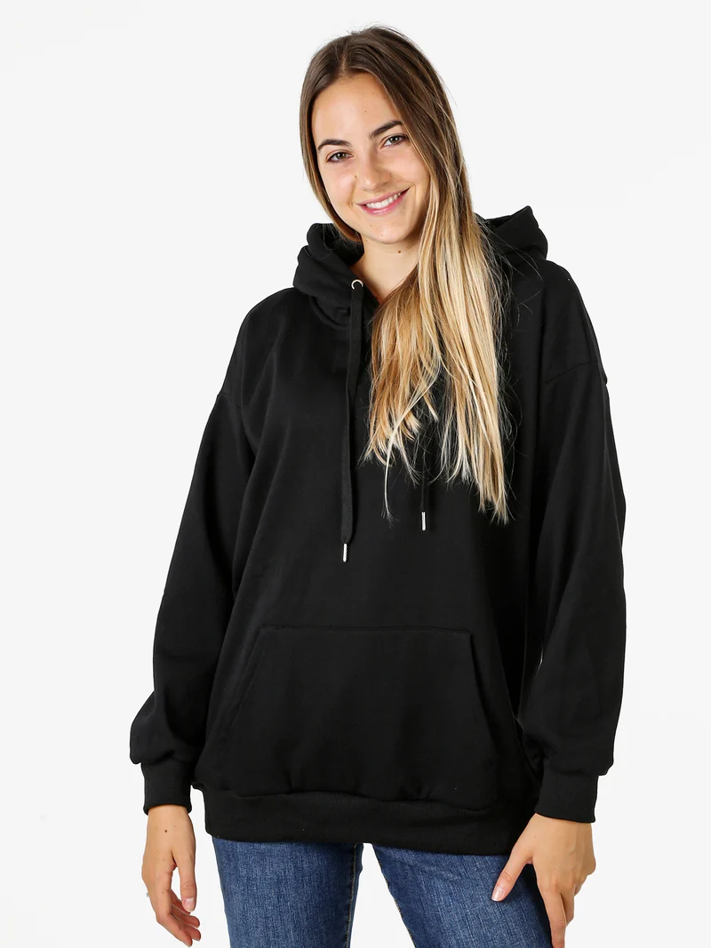 Felpa donna oversize con cappuccio e interno vellutato - nero