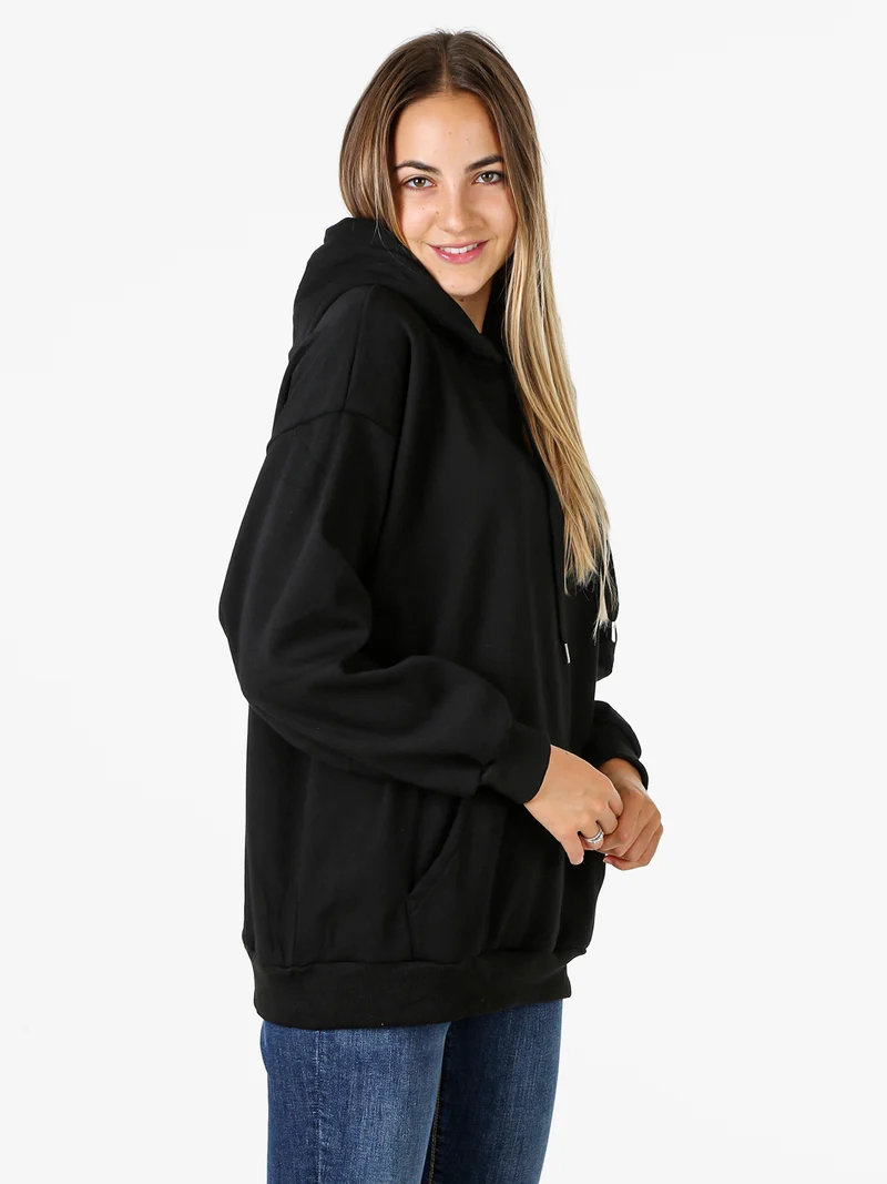 Felpa donna oversize con cappuccio e interno vellutato - nero