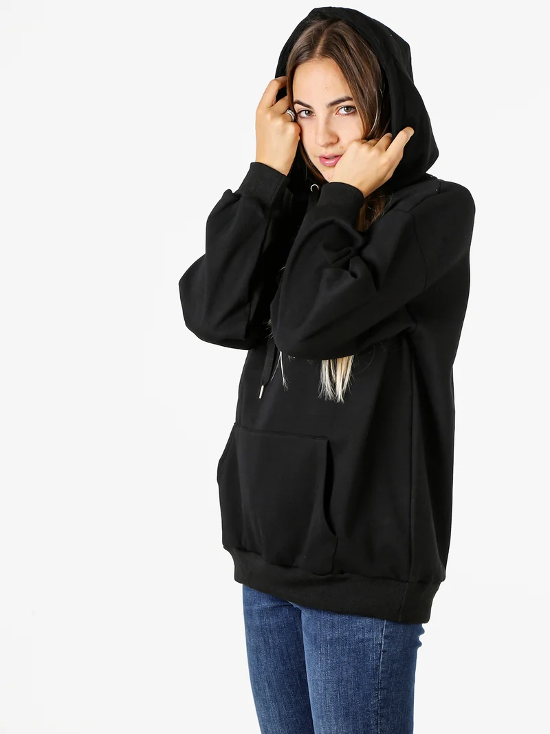 Felpa donna oversize con cappuccio e interno vellutato - nero
