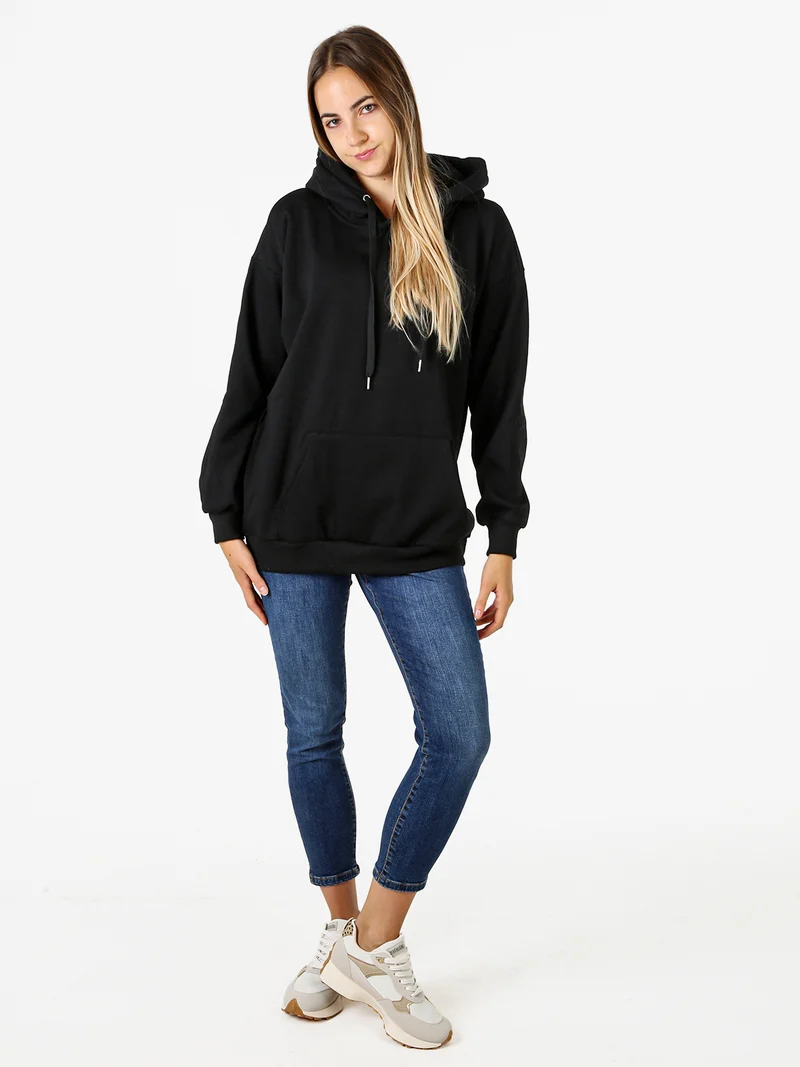 Felpa donna oversize con cappuccio e interno vellutato - nero