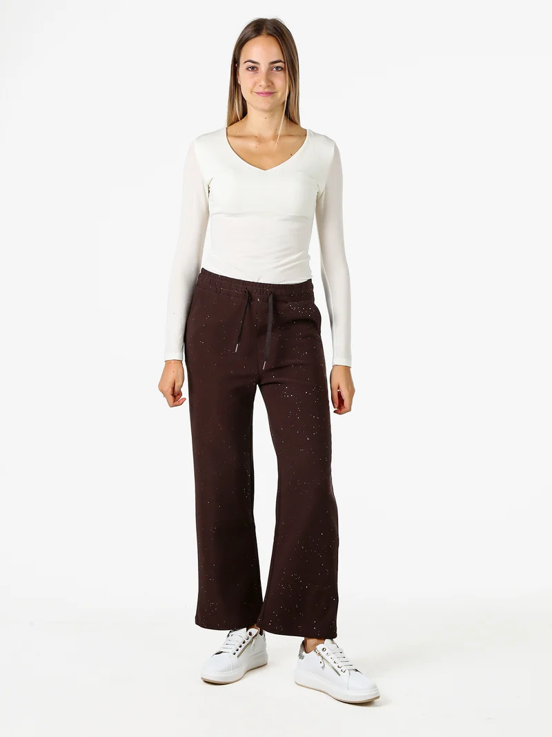 Pantaloni donna con dettagli brillanti e interno felpato - moro