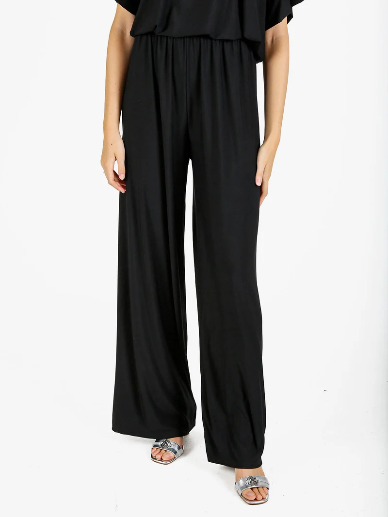 Pantaloni donna con elastico in vita a gamba larga - nero