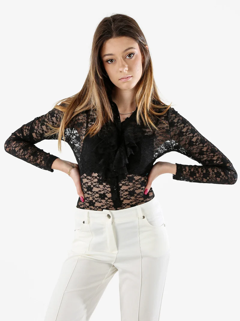 Camicia body da donna in pizzo a maniche lunghe con rouches - nero