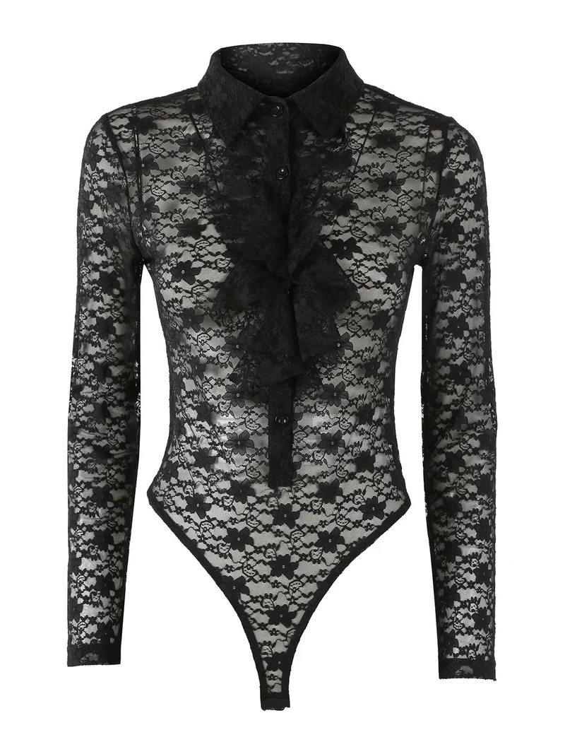 Camicia body da donna in pizzo a maniche lunghe con rouches - nero