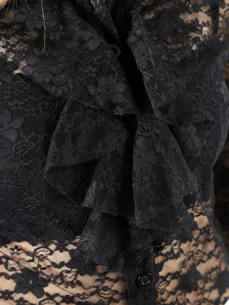 Camicia body da donna in pizzo a maniche lunghe con rouches - nero