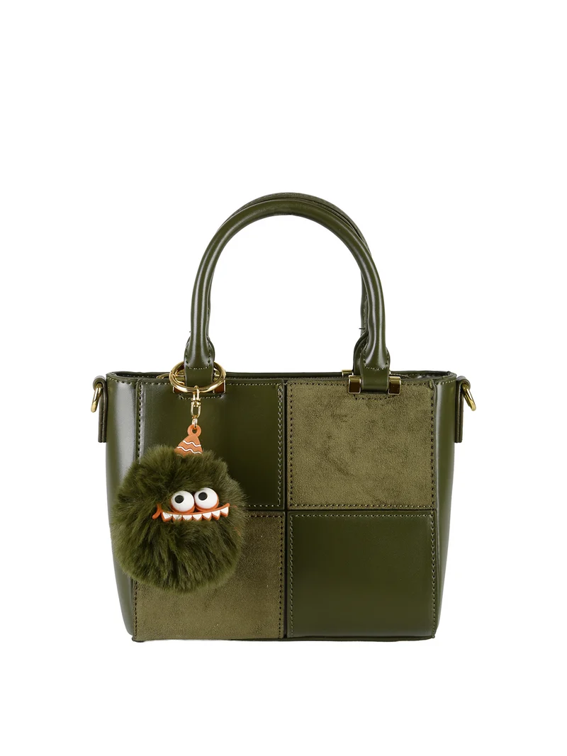 Borsa donna mini con doppi manici e dettaglio in ecopelliccia - verde