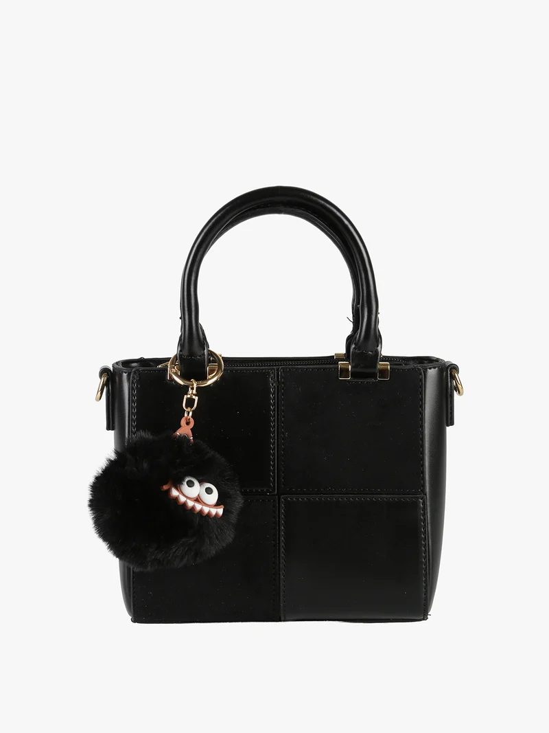 Borsa donna mini con doppi manici e dettaglio in ecopelliccia - nero