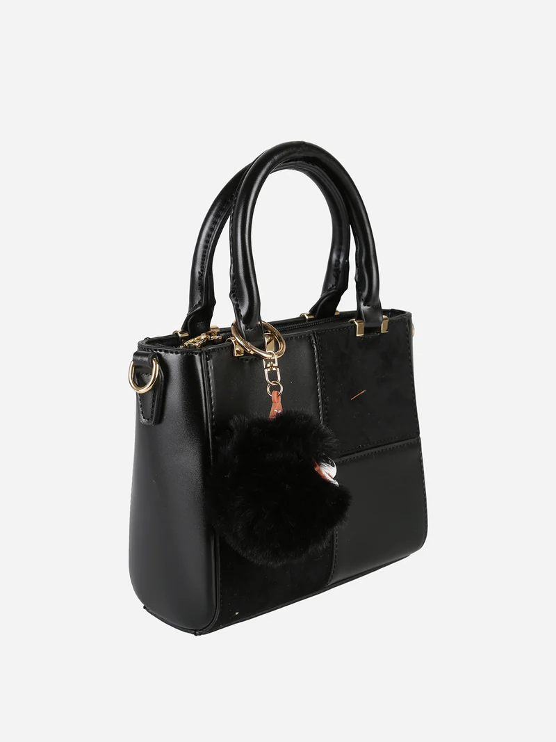 Borsa donna mini con doppi manici e dettaglio in ecopelliccia - nero