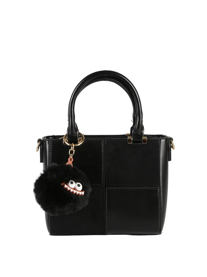 Borsa donna mini con doppi manici e dettaglio in ecopelliccia - nero