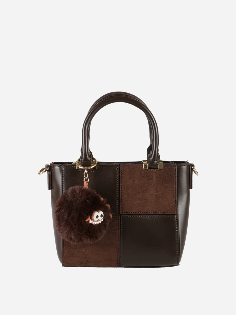 Borsa donna mini con doppi manici e dettaglio in ecopelliccia - moro