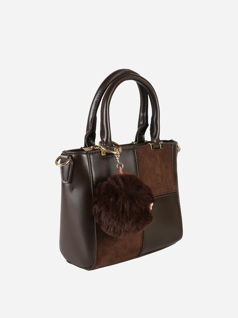 Borsa donna mini con doppi manici e dettaglio in ecopelliccia - moro