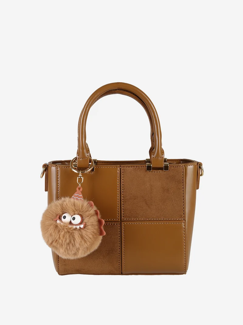 Borsa donna mini con doppi manici e dettaglio in ecopelliccia - marrone