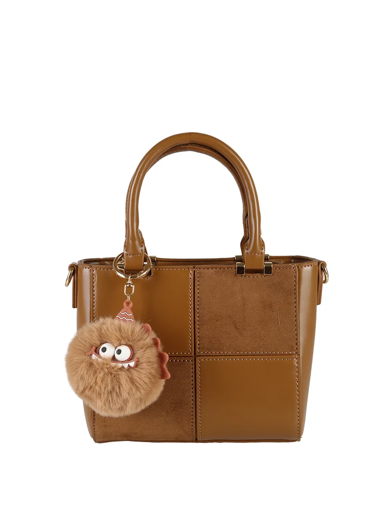 Borsa donna mini con doppi manici e dettaglio in ecopelliccia - marrone